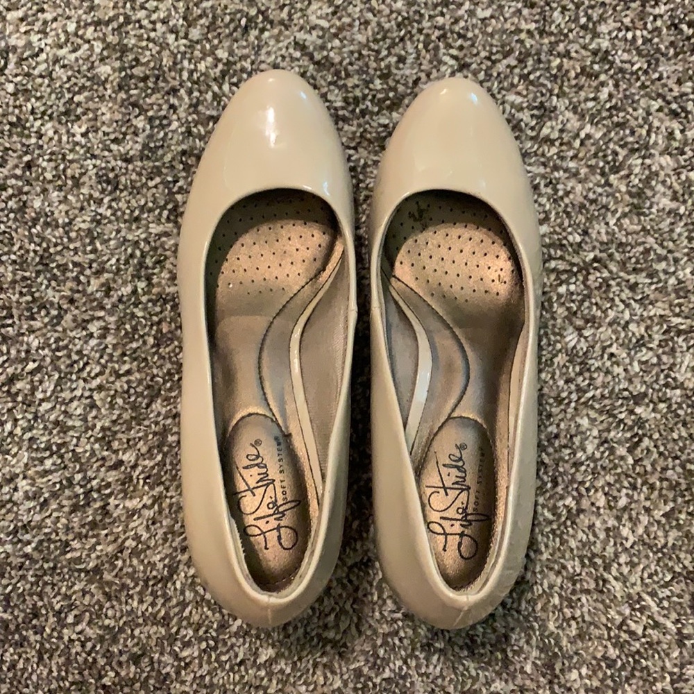 Tan Shiny Low Heels